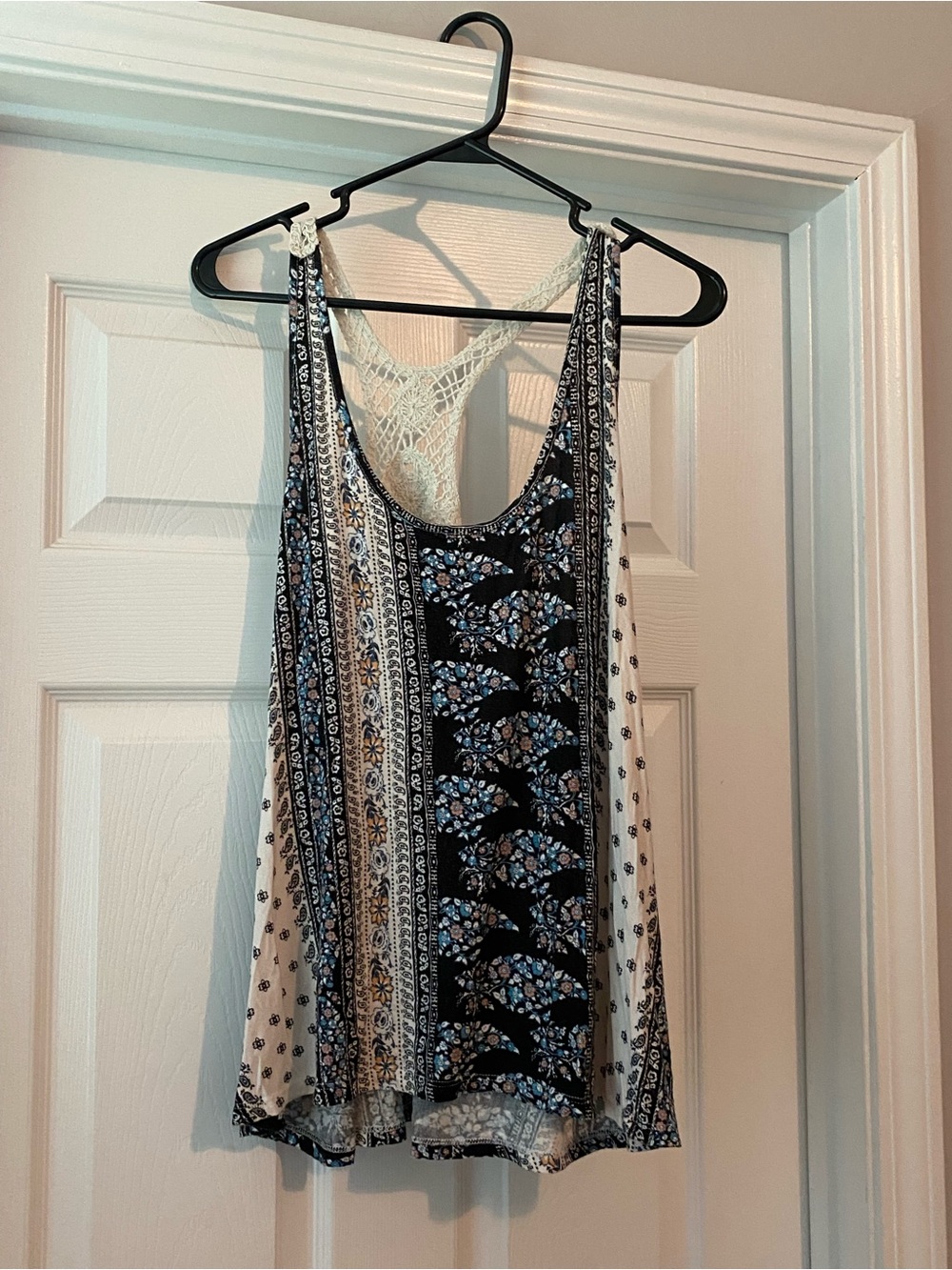 Sweet Rain Black, Cream and Blue Floral Racerback Tank
